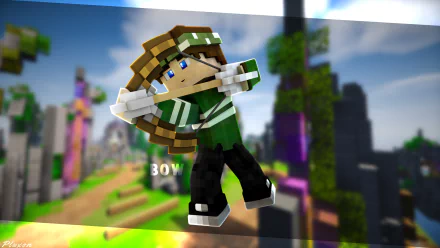 HD Minecraft PC desktop wallpaper showing a pixelated character aiming a bow in a vibrant blocky landscape.