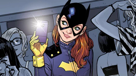 HD wallpaper featuring a comic-style Batgirl taking a selfie with her phone, with a background of people in various poses.