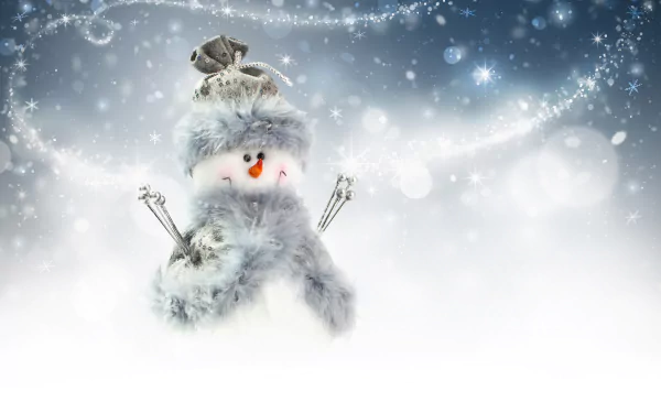Artistic 4K Ultra HD desktop wallpaper featuring a white snowman with a gray hat and scarf, surrounded by sparkles against a soft snowy background.