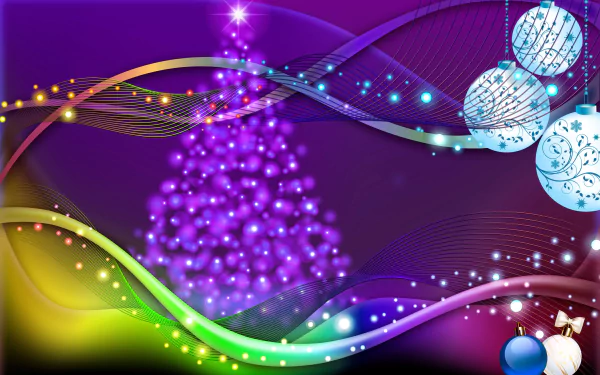A vibrant HD desktop wallpaper featuring colorful Christmas ornaments, a sparkling Christmas tree, and festive holiday decorations with glittering lights on a purple background.
