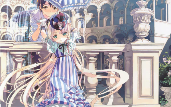 Anime-style Gosick characters pose in detailed historical attire against a grand, ornate European-style balcony in this 8K Ultra HD PC desktop wallpaper.