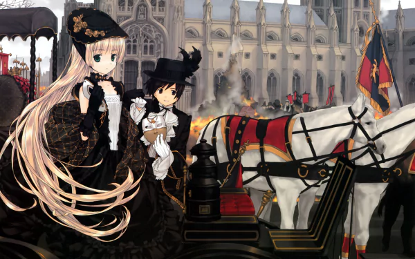 Anime-style Gosick characters dressed in Victorian attire stand beside a horse-drawn carriage in front of a grand gothic building, rendered in 8K Ultra HD for PC desktop wallpaper.