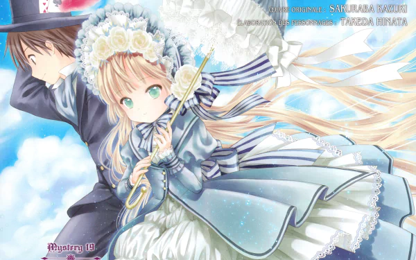 Gosick anime 5K Ultra HD PC desktop wallpaper: Victorian-style blonde girl in frilled dress holding a parasol, green eyes, with a dark-haired boy and bright cloudy sky background.