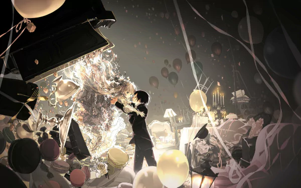 HD anime desktop wallpaper from Gosick, featuring a dramatic scene with a character interacting with a shining, crystal-like figure amidst balloons and elegant lighting.