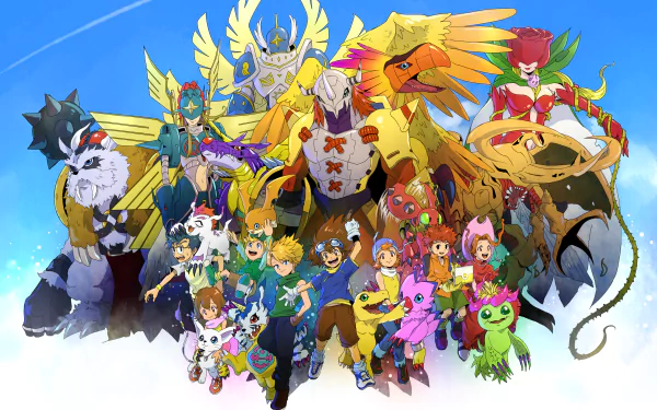 An HD desktop wallpaper featuring Joe Kido, Hikari Yagami, Mimi Tachikawa, Sora Takenouchi, Izzy Izumi, Takeru Takaishi, Yamato Ishida, and Taichi Yagami from the anime Digimon with their Digimon partners.