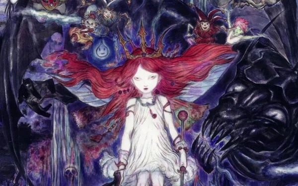 HD PC desktop wallpaper depicting the ethereal protagonist from the video game Child of Light surrounded by mystical creatures in a dark, enchanted forest.