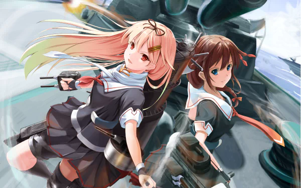 Anime Kantai Collection: two ship girls in school uniforms wielding weapons on a battleship deck — 2K Quad HD PC desktop wallpaper/background.
