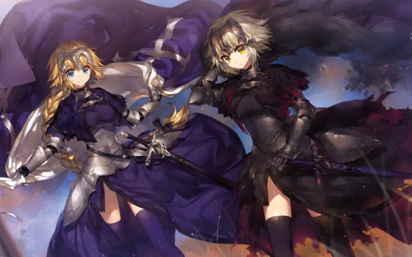 A high-definition desktop wallpaper featuring characters from the anime Fate/Grand Order, showcasing two armoured figures in dynamic poses against a vibrant background.