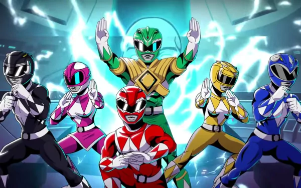 HD wallpaper featuring the Mighty Morphin Power Rangers from Mega Battle, posed heroically against a dynamic blue backdrop.