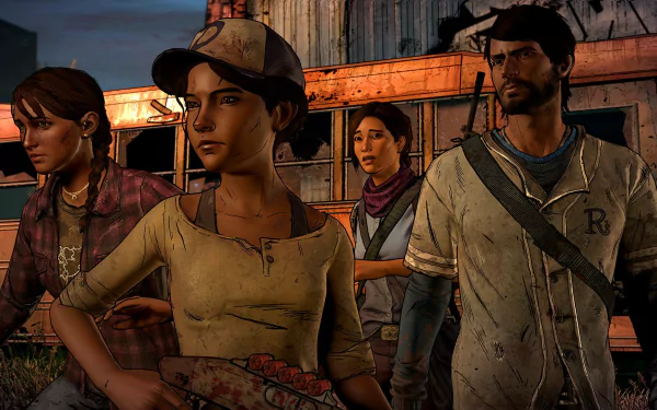 Clementine and her companions from The Walking Dead: A New Frontier stand ready for action in this HD PC desktop wallpaper, capturing the intensity of the video game.