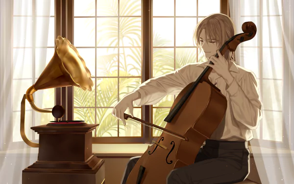 Anime character playing the cello by a vintage gramophone, set in a sunlit room with large windows. HD desktop wallpaper and background emphasizing music and serenity.