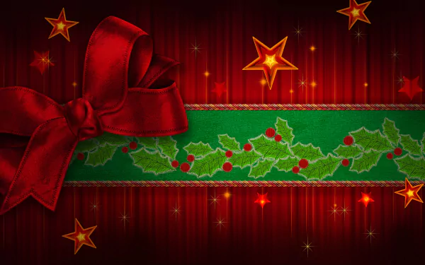 4K Ultra HD Christmas-themed desktop wallpaper featuring a red ribbon bow, green holly leaves with red berries, and glowing golden stars on a festive red background.