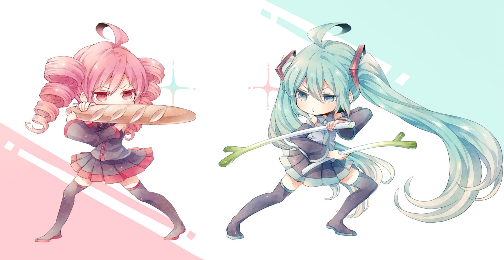 Vocaloid & Utau Crossover HD Wallpaper: Kasane Teto & Hatsune Miku by にわ子