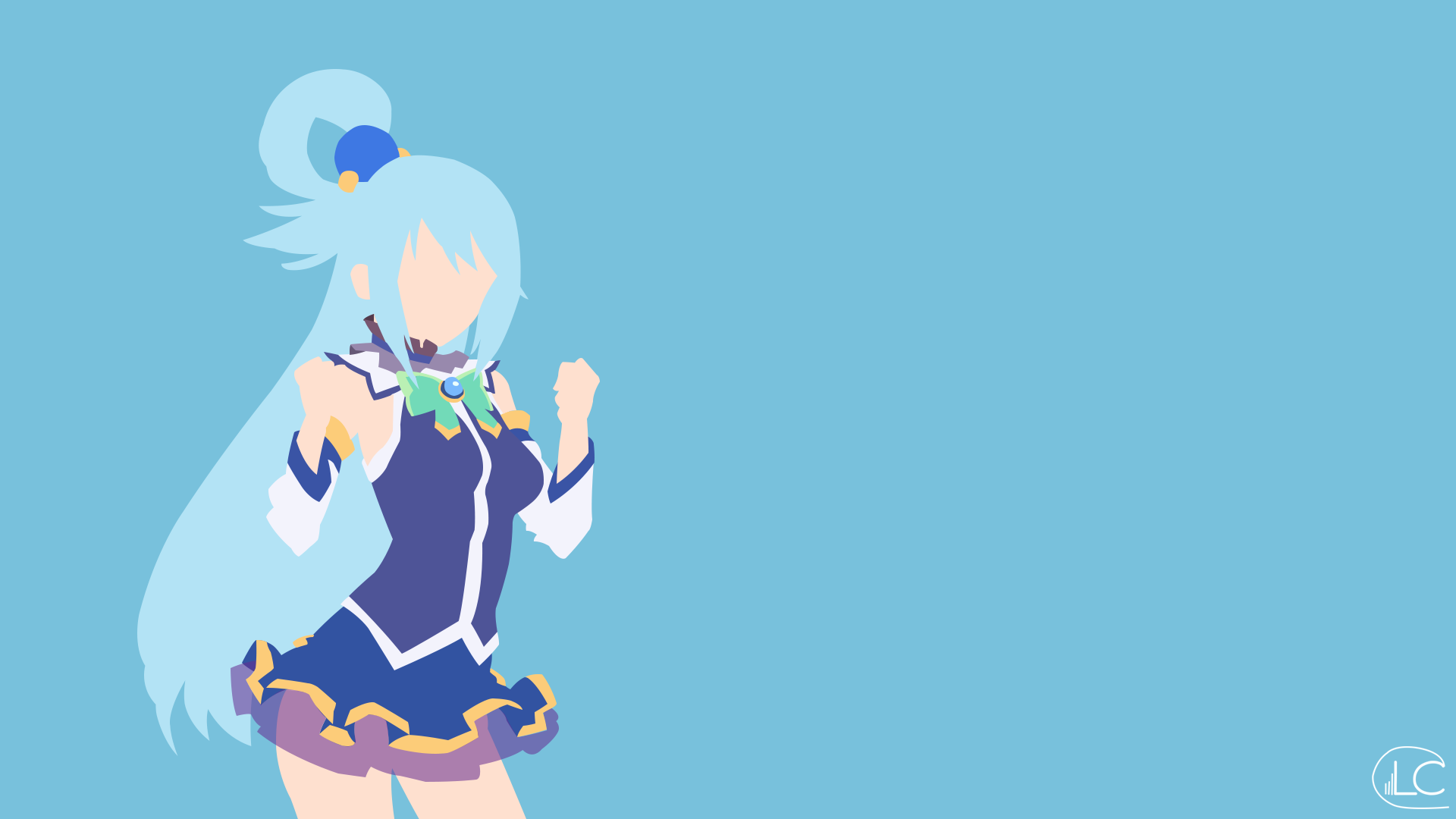 Minimalist HD desktop wallpaper featuring Aqua from the anime KonoSuba - God’s Blessing on This Wonderful World!! in a blue-themed background.