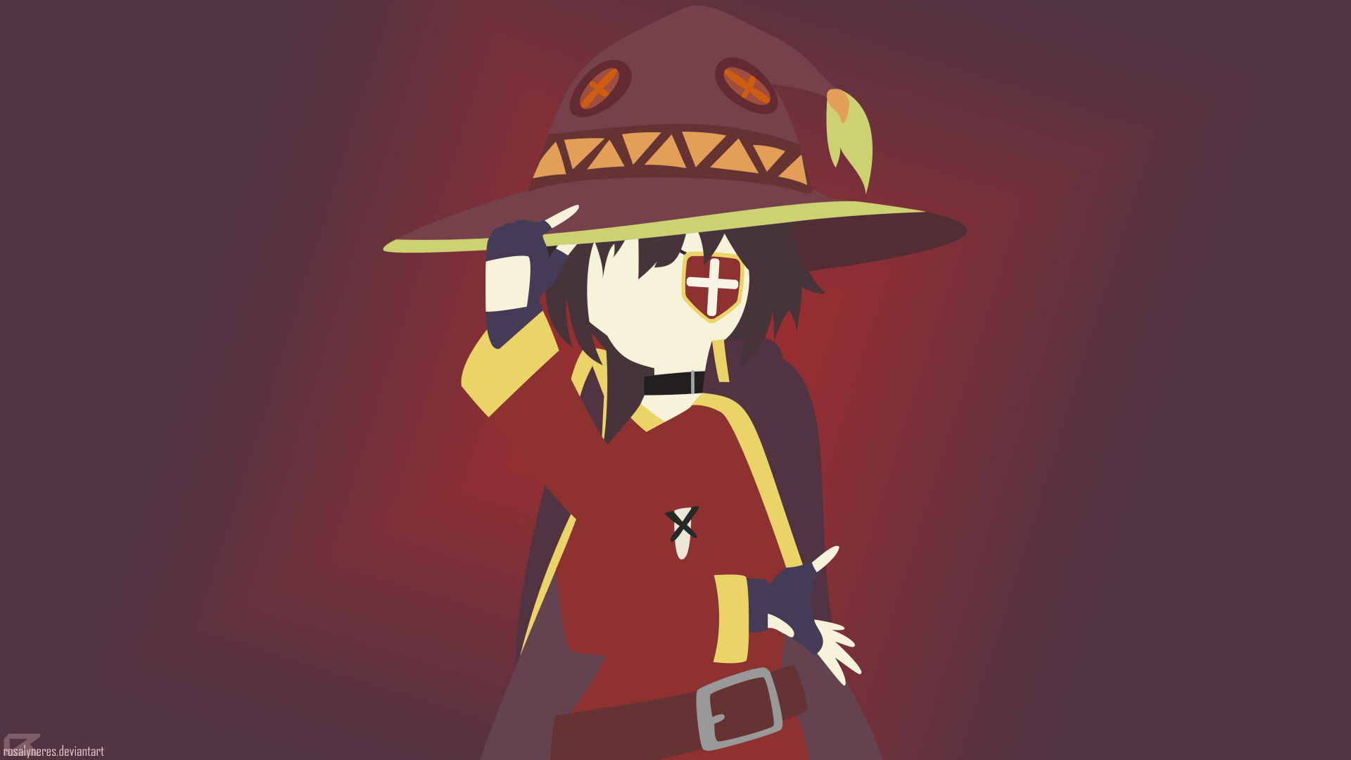 Minimalist 4K Ultra HD PC desktop wallpaper of Megumin (KonoSuba) — stylized anime portrait in red and black, holding her witch hat, KonoSuba: God’s blessing on this wonderful world!!