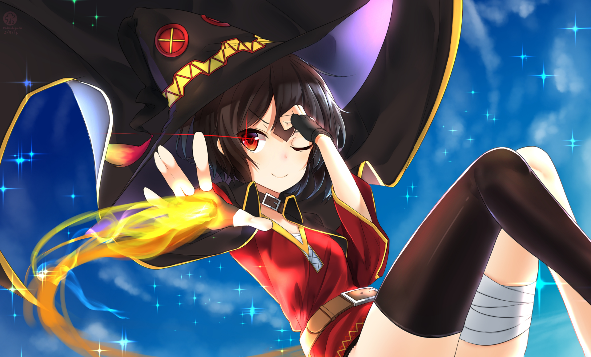 HD PC wallpaper featuring Megumin from the anime KonoSuba: God’s Blessing on This Wonderful World!! in her iconic wizard outfit with a glowing spell in hand.