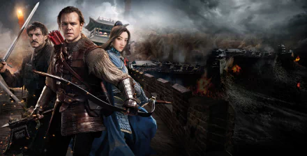 HD desktop wallpaper featuring Pedro Pascal, Tian Jing, and Matt Damon in a dramatic scene from the movie The Great Wall, set against the backdrop of a stormy sky and fierce battle.