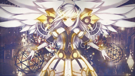 HD PC desktop wallpaper featuring a character from the video game Elsword with glowing wings and golden armor in a dynamic, futuristic setting.