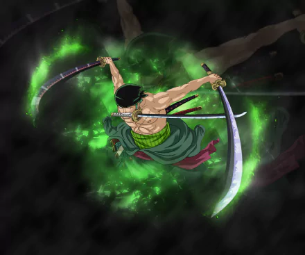 HD PC desktop wallpaper featuring Zoro from the anime One Piece, poised mid-air wielding three swords amid a dynamic green energy aura.