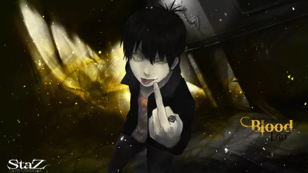 HD PC desktop wallpaper featuring an intense anime character from Blood Lad with dark hair, yellow eyes, and a bold, defiant expression amidst a glowing, shadowy background.