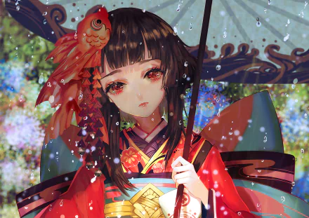 Anime character in a colorful kimono and an ornate umbrella standing in the rain, inspired by Onmyoji. This HD desktop wallpaper brings a serene and detailed scene to your background.