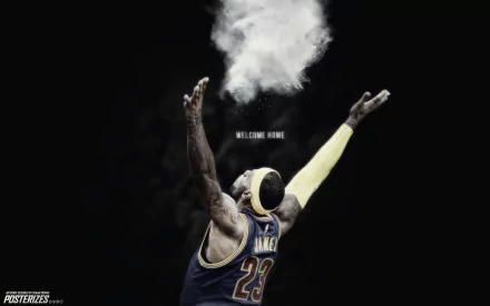 HD wallpaper featuring a silhouette of LeBron James in mid-action with chalk dust, captioned Welcome Home against a dark background.