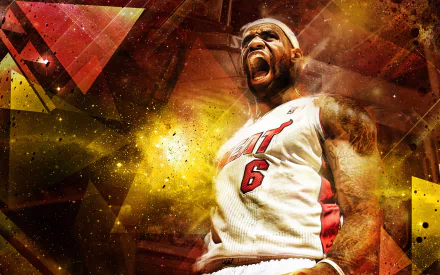 Dynamic HD wallpaper featuring an intense moment with basketball player in action, set against a vibrant, abstract background.