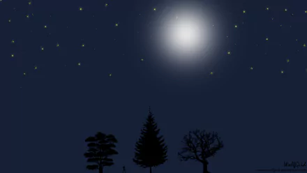 HD PC desktop wallpaper featuring a blue-toned fantasy night sky with a glowing moon and silhouetted trees beneath scattered stars.