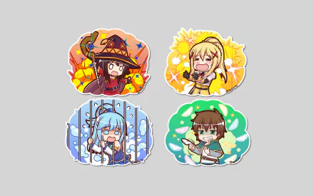 Chibi-style characters Kazuma Satou, Darkness, Aqua, and Megumin from KonoSuba, set against individual colorful backgrounds. This HD wallpaper showcases characters from KonoSuba - God’s blessing on this wonderful world!