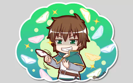 HD desktop wallpaper of Kazuma Satou from KonoSuba - God’s Blessing on This Wonderful World!!, depicted in an anime style with a playful expression, surrounded by colorful underwear illustrations.