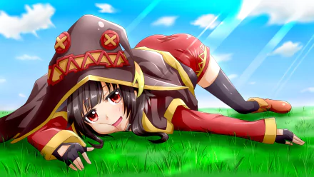 HD desktop wallpaper of Megumin from the anime KonoSuba - God’s blessing on this wonderful world!! She is lying on grassy field under a vibrant blue sky with scattered clouds, wearing her iconic outfit.