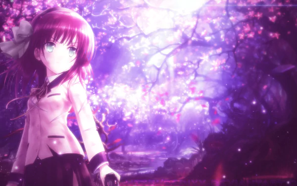 A stunning HD desktop wallpaper featuring Yuri Nakamura from the anime Angel Beats!, set against a vibrant, dreamlike background of blossoms and ethereal light.