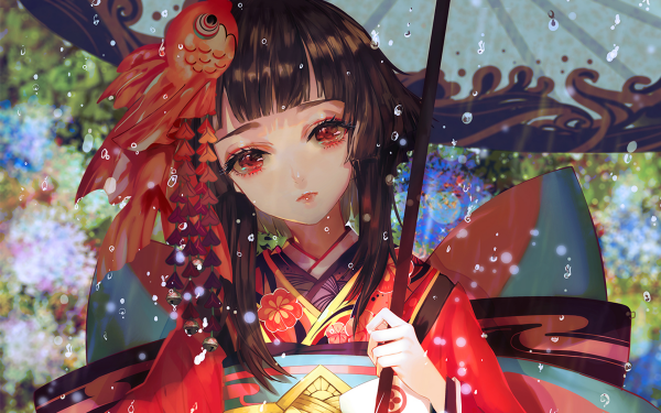 Anime Onmyoji Kimono Umbrella Rain HD Wallpaper | Background Image