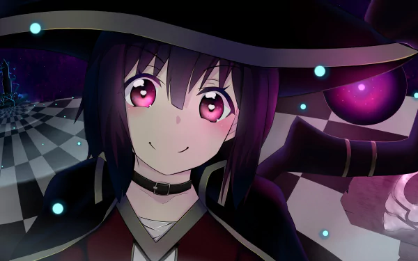 HD desktop wallpaper featuring Megumin from the anime KonoSuba: God's Blessing on This Wonderful World!! She is depicted with her signature black hat and pink eyes, smiling with a magical background.