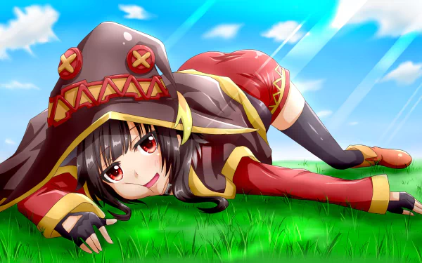 HD desktop wallpaper of Megumin from the anime KonoSuba - God’s blessing on this wonderful world!! She is lying on grassy field under a vibrant blue sky with scattered clouds, wearing her iconic outfit.
