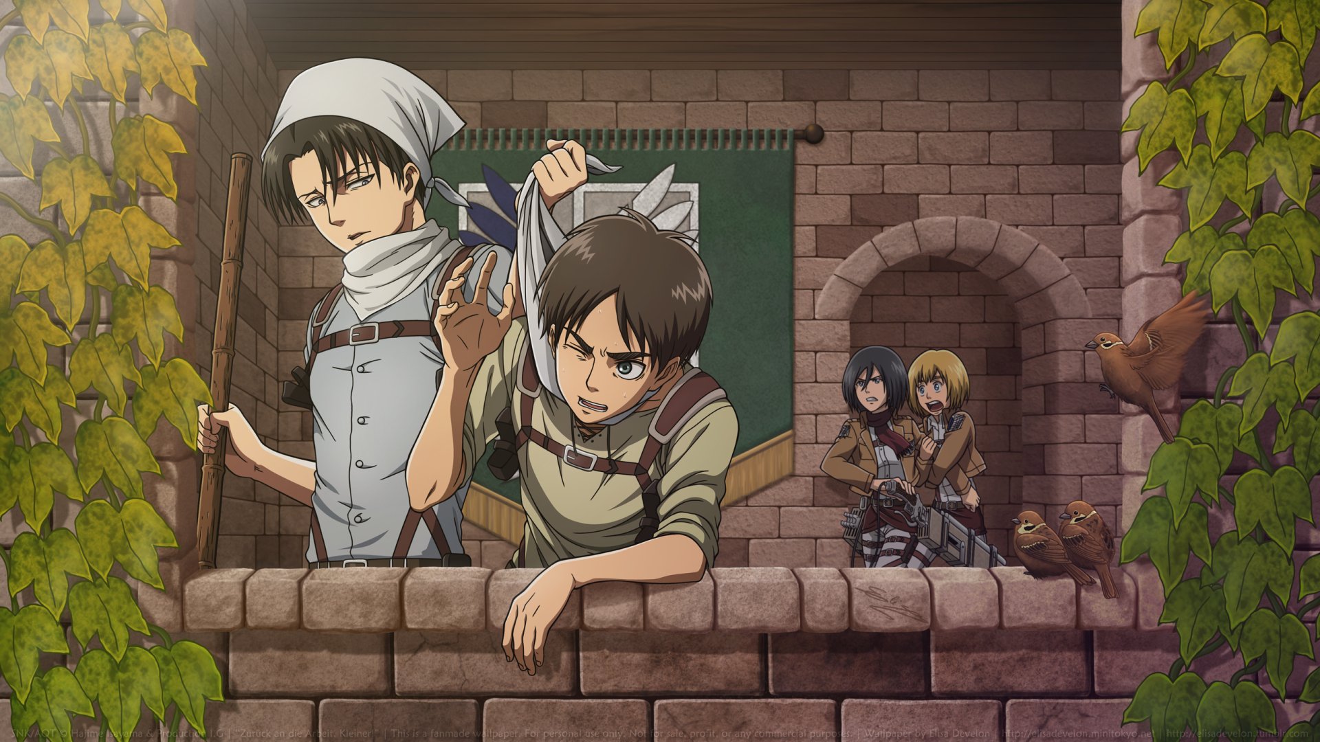 HD desktop wallpaper from the anime Attack on Titan, depicting characters on a stone balcony with leafy vines and medieval architecture.