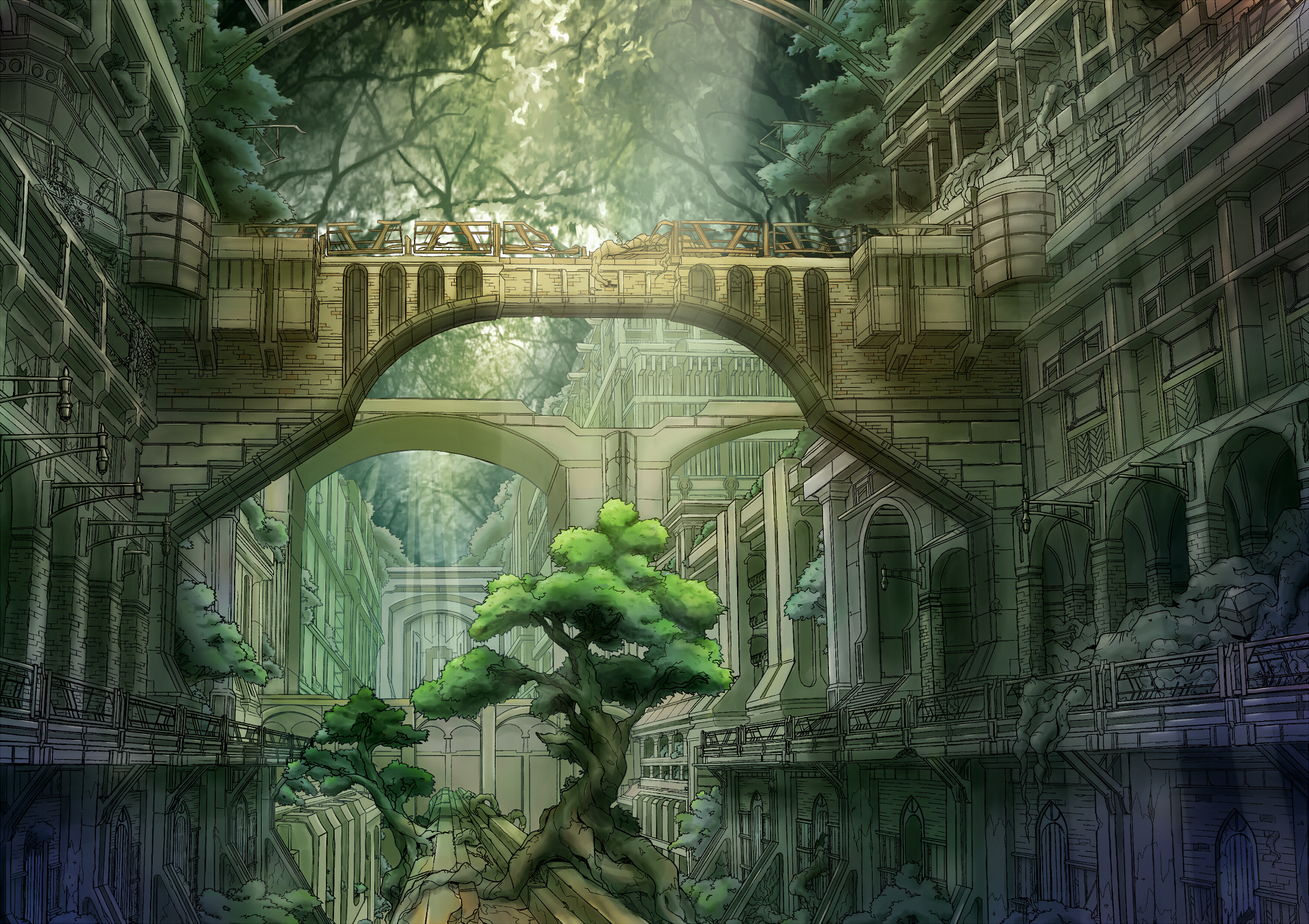 A serene anime-inspired scene depicting a grand architectural structure intertwined with lush greenery, creating a captivating HD desktop wallpaper and background.