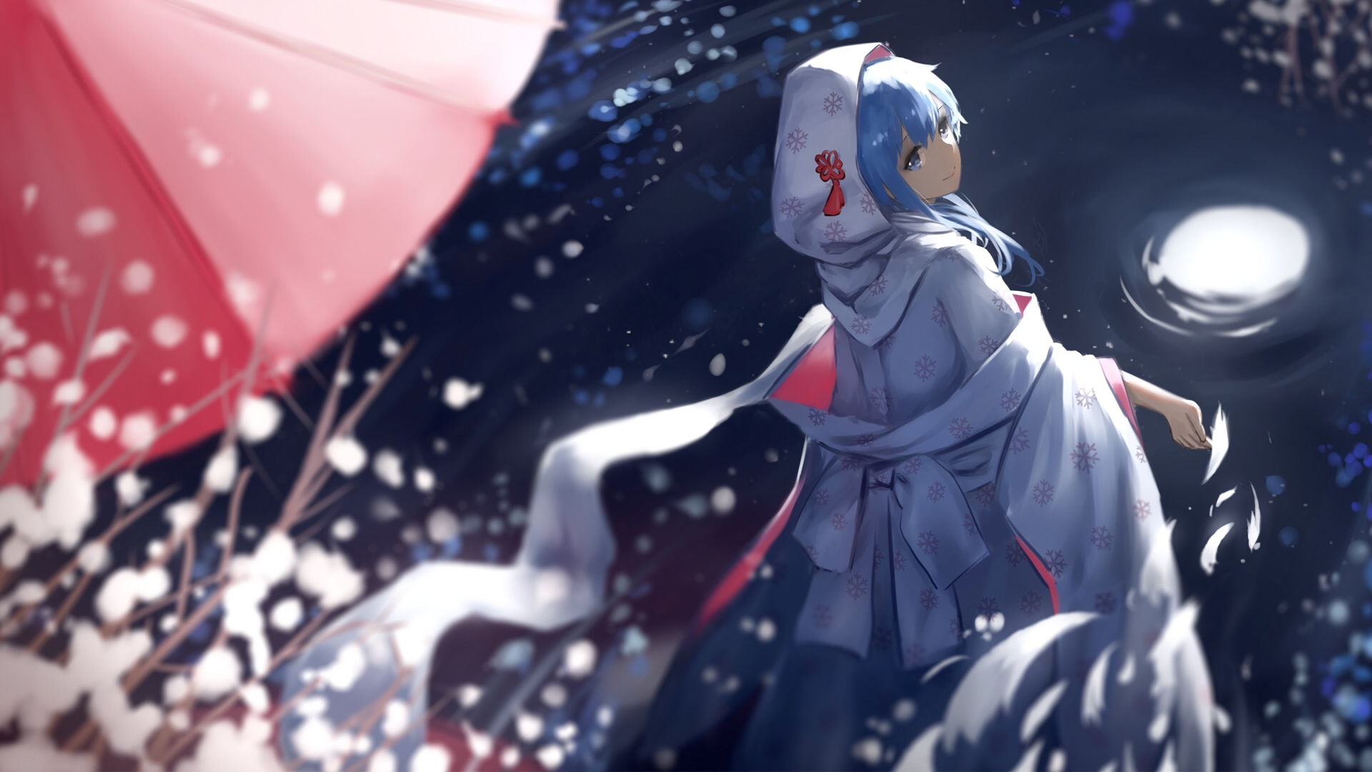 HD desktop wallpaper featuring Hatsune Miku from the anime Vocaloid, dressed in traditional attire, against a serene night background with a glowing moon and swirling snowfall.