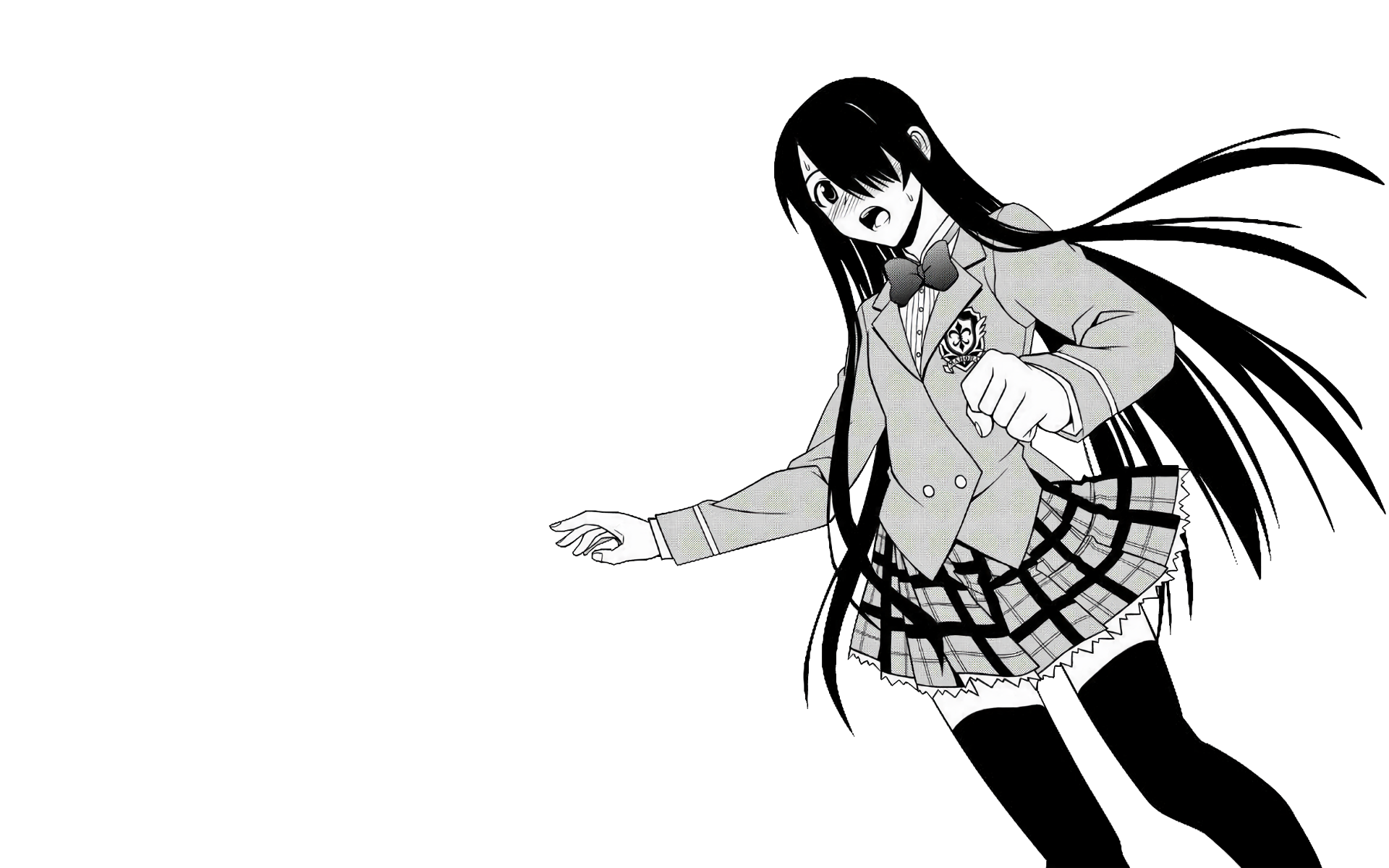 Black-and-white anime-style HD desktop wallpaper featuring a girl in a school uniform from UQ Holder! with long flowing hair and dynamic pose.