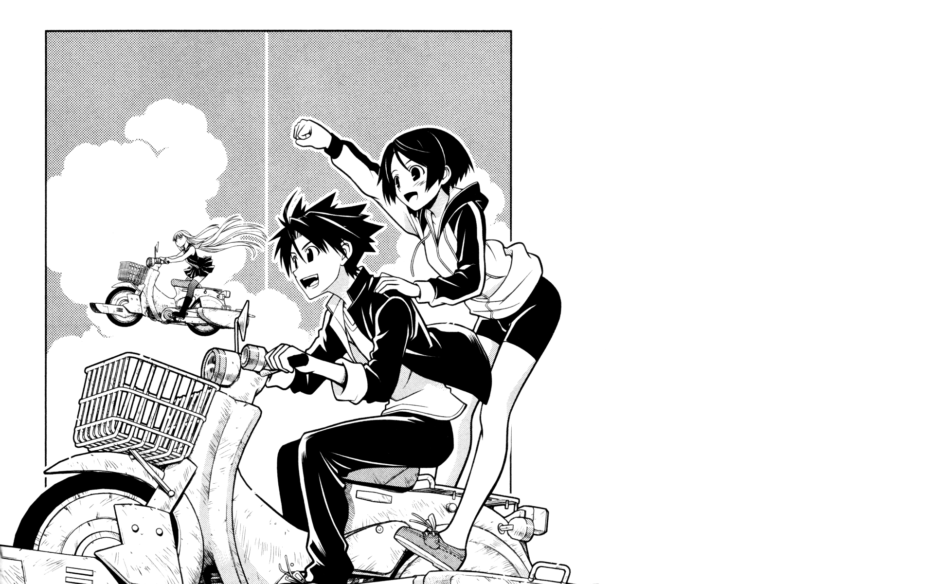 Monochrome anime scene from UQ Holder! of two characters riding a scooter in an energetic pose — 4K Ultra HD PC desktop wallpaper background.
