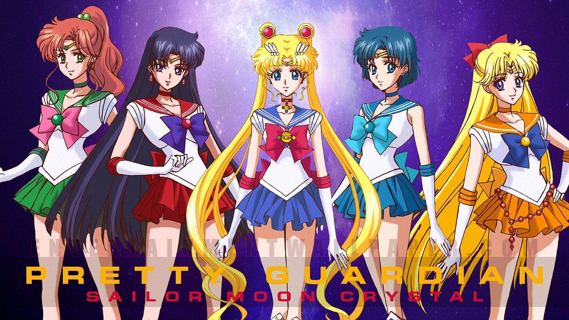 HD anime Sailor Moon desktop wallpaper features the main Sailor Scouts—Jupiter, Mars, Moon, Mercury, and Venus—standing confidently against a glowing cityscape background.