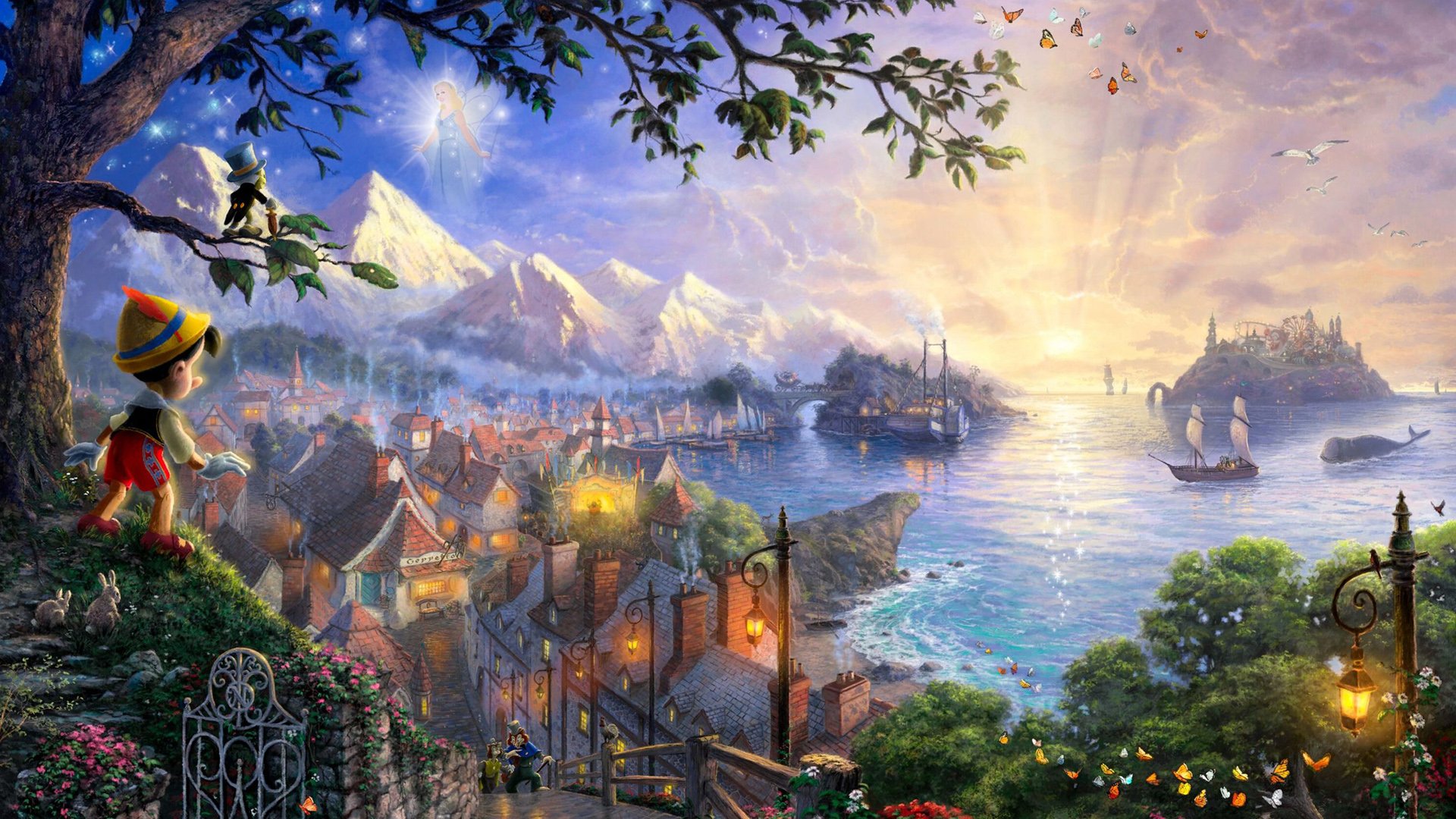 Download Movie Pinocchio (1940) HD Wallpaper by Thomas Kinkade, image size:1920x1080