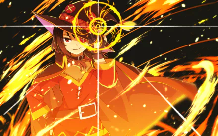 HD desktop wallpaper featuring Megumin from KonoSuba - God's Blessing on This Wonderful World!! casting a spell with dynamic fire effects and vibrant background.