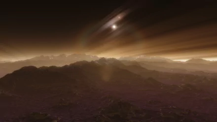 HD PC desktop wallpaper from the Space Engine video game, featuring a mountainous alien landscape beneath a distant planet and bright stars in space.