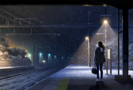An anime-style winter night scene at a snow-covered train station with soft glowing lights. A solitary figure in a scarf stands under a lamppost, creating a serene HD desktop wallpaper and background.