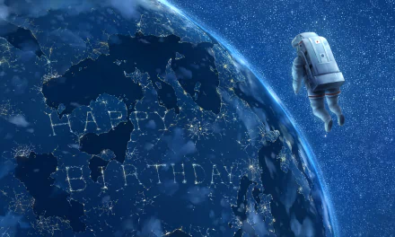 HD desktop wallpaper featuring an anime-style astronaut floating in space with a Happy Birthday message written in starry lights over Earth.
