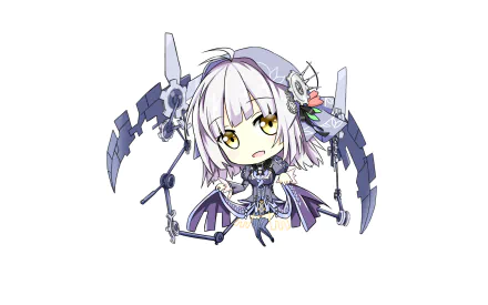 Chibi-style anime character from Clockwork Planet with silver hair, yellow eyes, and mechanical wings holding clockwork weapons, designed as an HD PC desktop wallpaper.