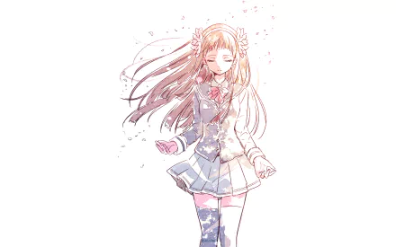 HD PC desktop wallpaper featuring a delicate anime character from UQ Holder!, with flowing hair and petals softly falling around her.