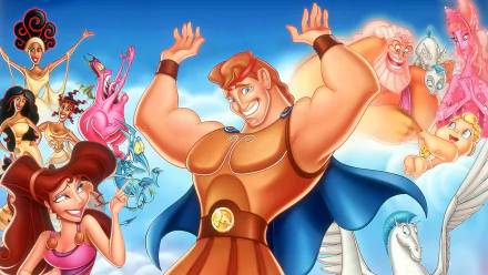 HD desktop wallpaper featuring Disney's Hercules, Megara, Zeus, and other characters from the 1997 movie Hercules in vibrant colors and dynamic poses.