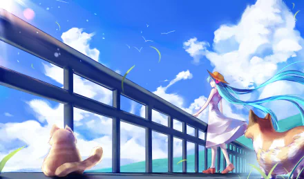 HD desktop wallpaper featuring anime character Hatsune Miku with flowing blue hair in a white dress, standing on a bridge with two animals under a bright blue sky.
